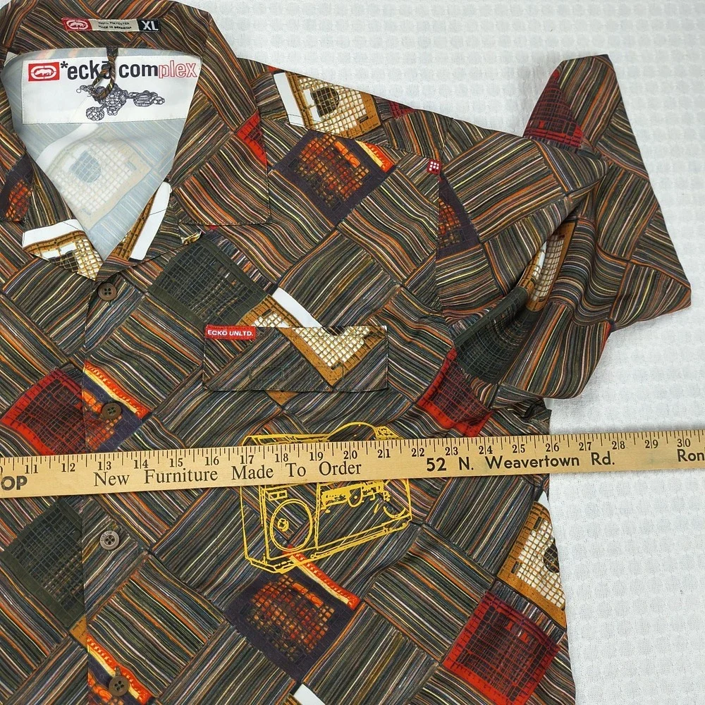 Ecko Unltd Complex Mens XL Brown Geometric Boombox Embroidered Button Up Shirt - Picture 5 of 11
